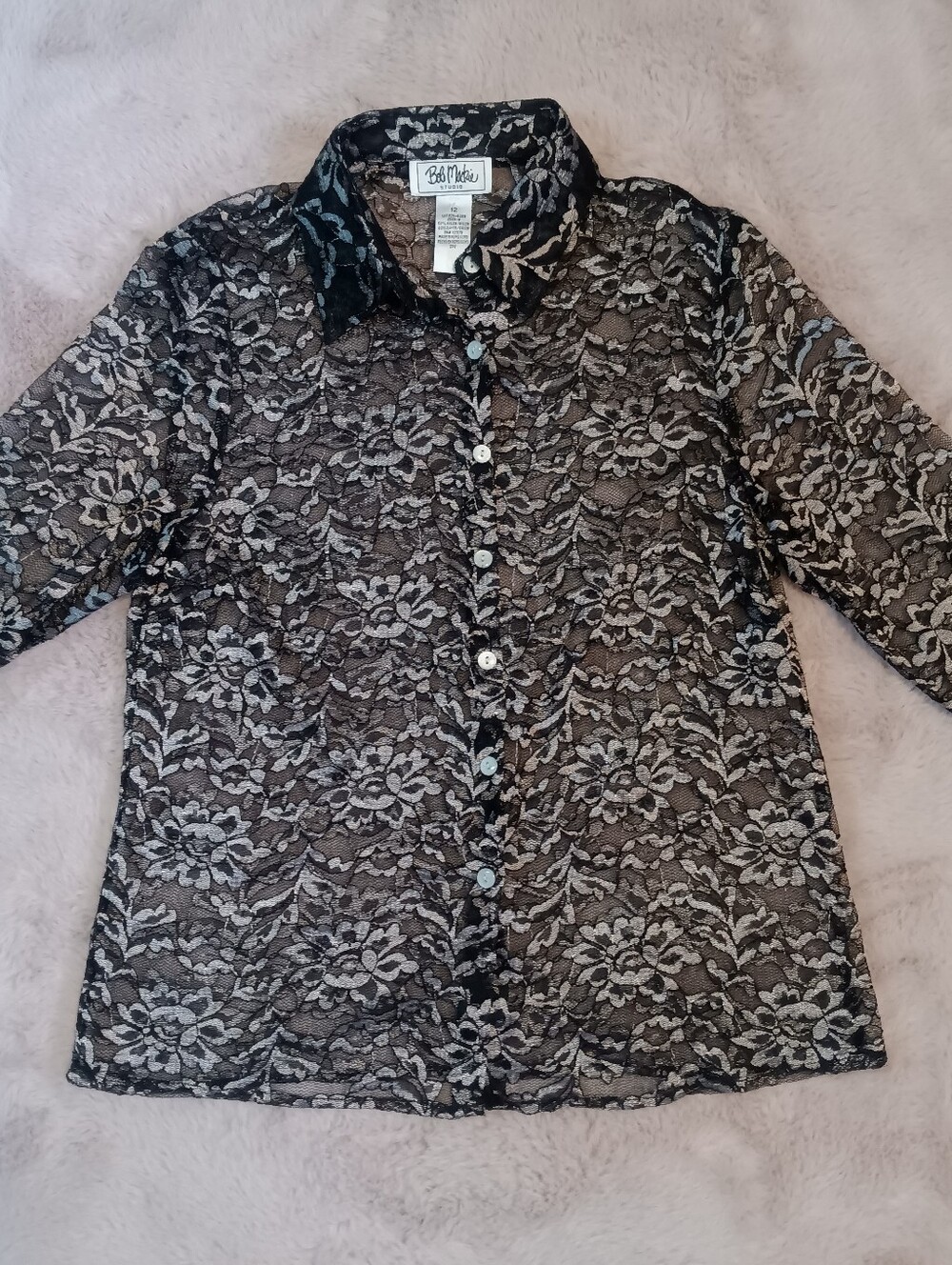 Bob Mackie Studio Black Silver Floral Lace Blouse Sheer Button Up Top Size 12 Vt